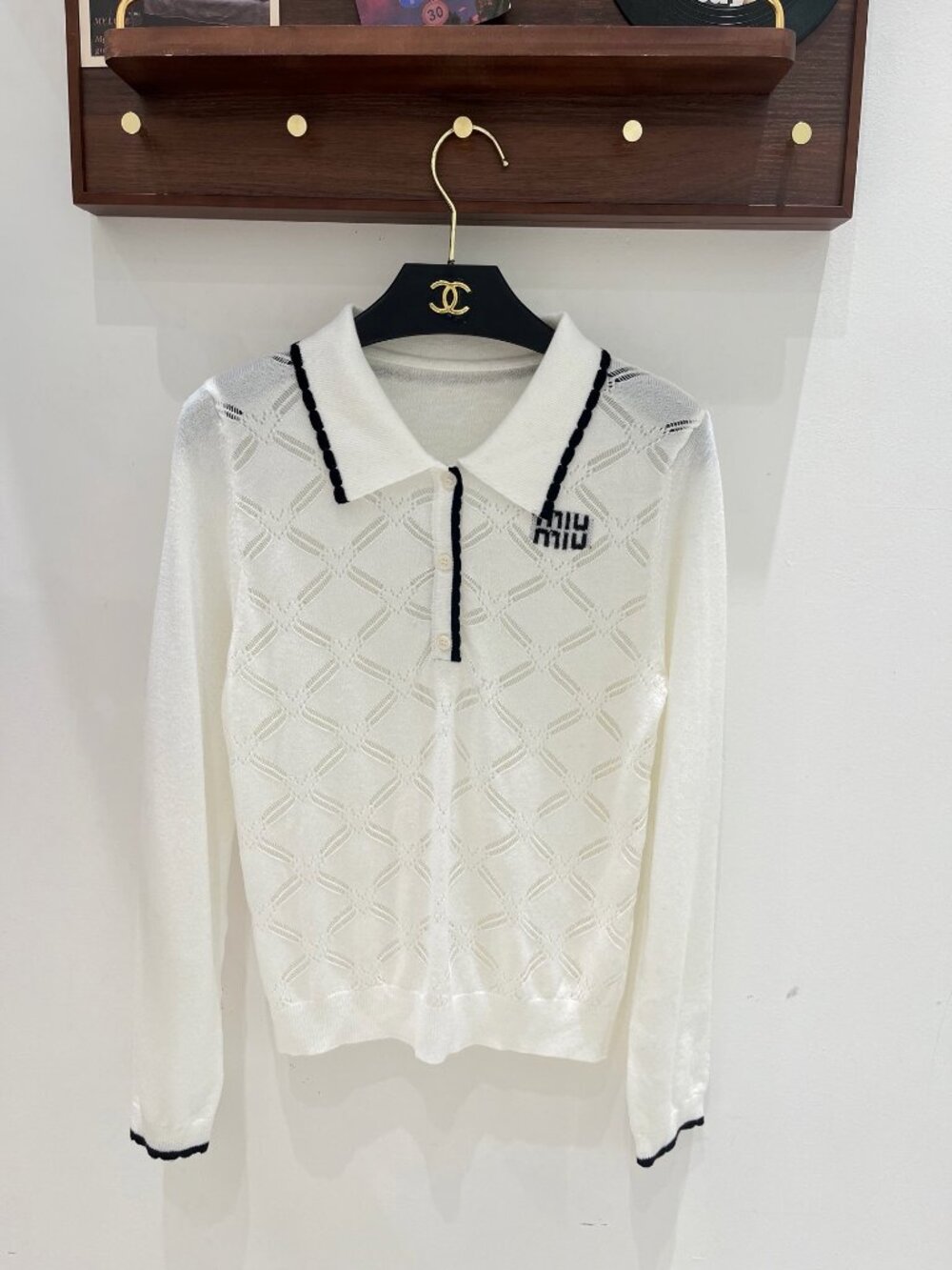 Miu Miu Ivory Long Sleeve Knit Polo with Black Trim